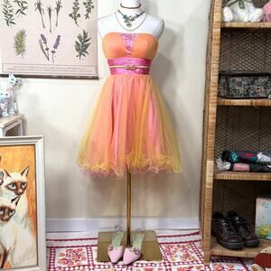 Y2k Beaded Mesh Tulle Cupcake Poof Mini Party Dress NWT Whimsy Fairy Hoco XS